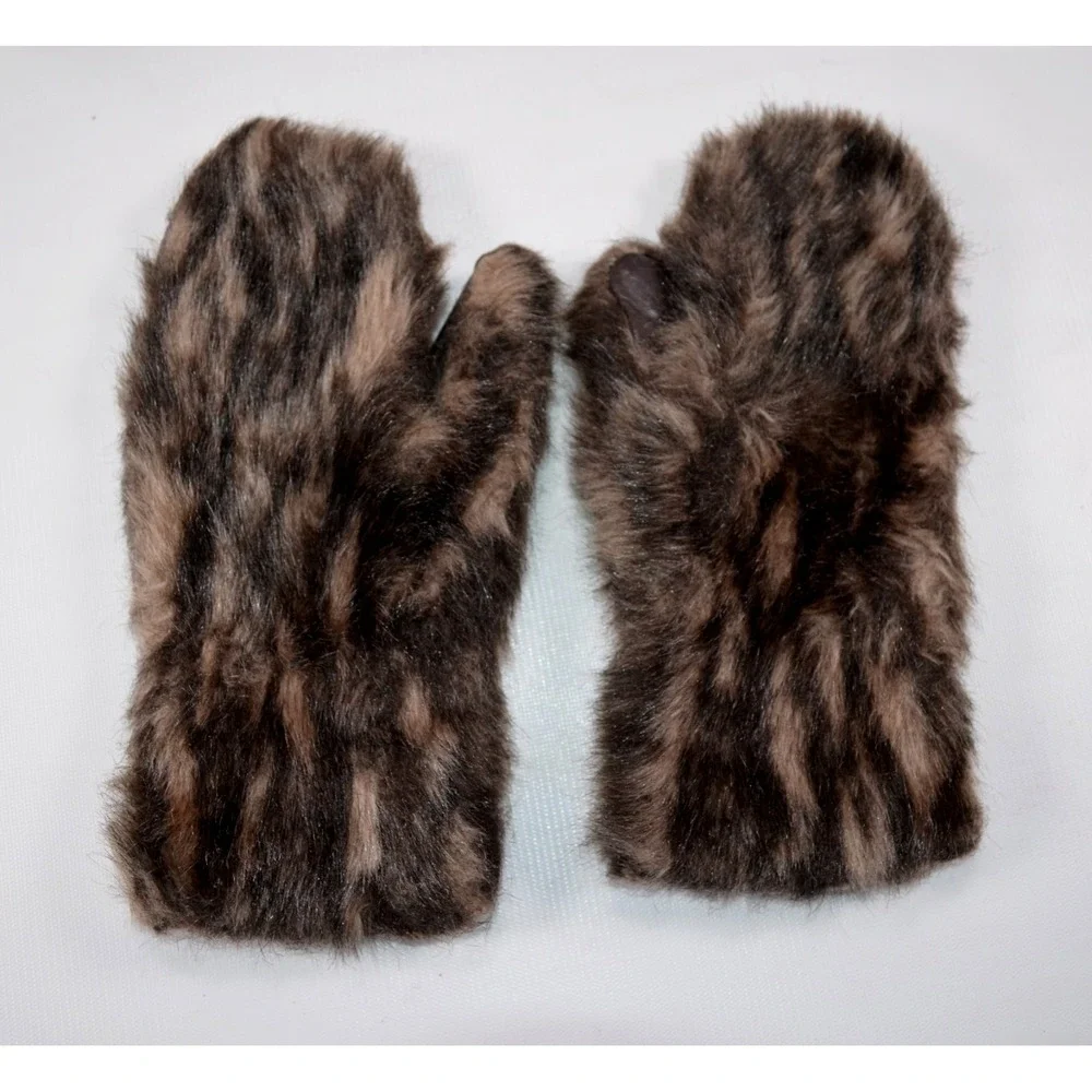 Vintage Faux‎ Fur Hat & Sherpa Lined Gloves Brown Variegated